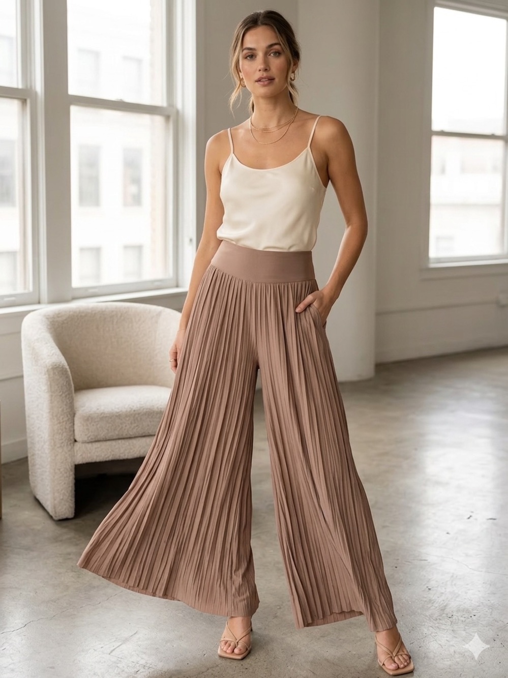 Women’s Wide Leg High Waisted Palazzo Pants Size L Tan Boho Pleated Festival